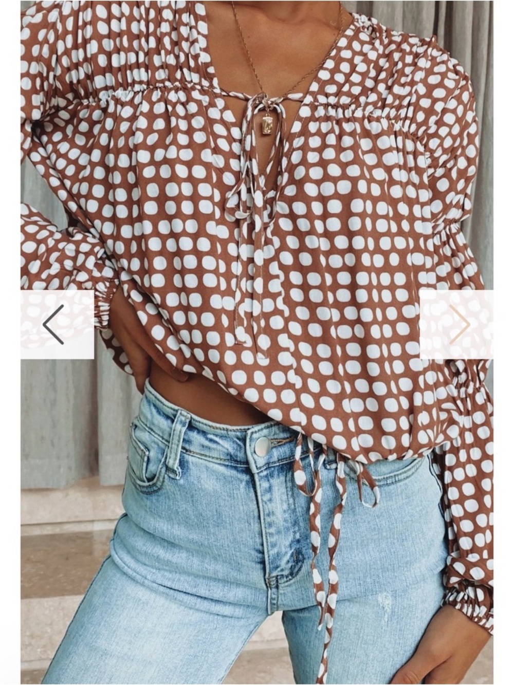 Brown Polka Dot Tie-Waist Blouse